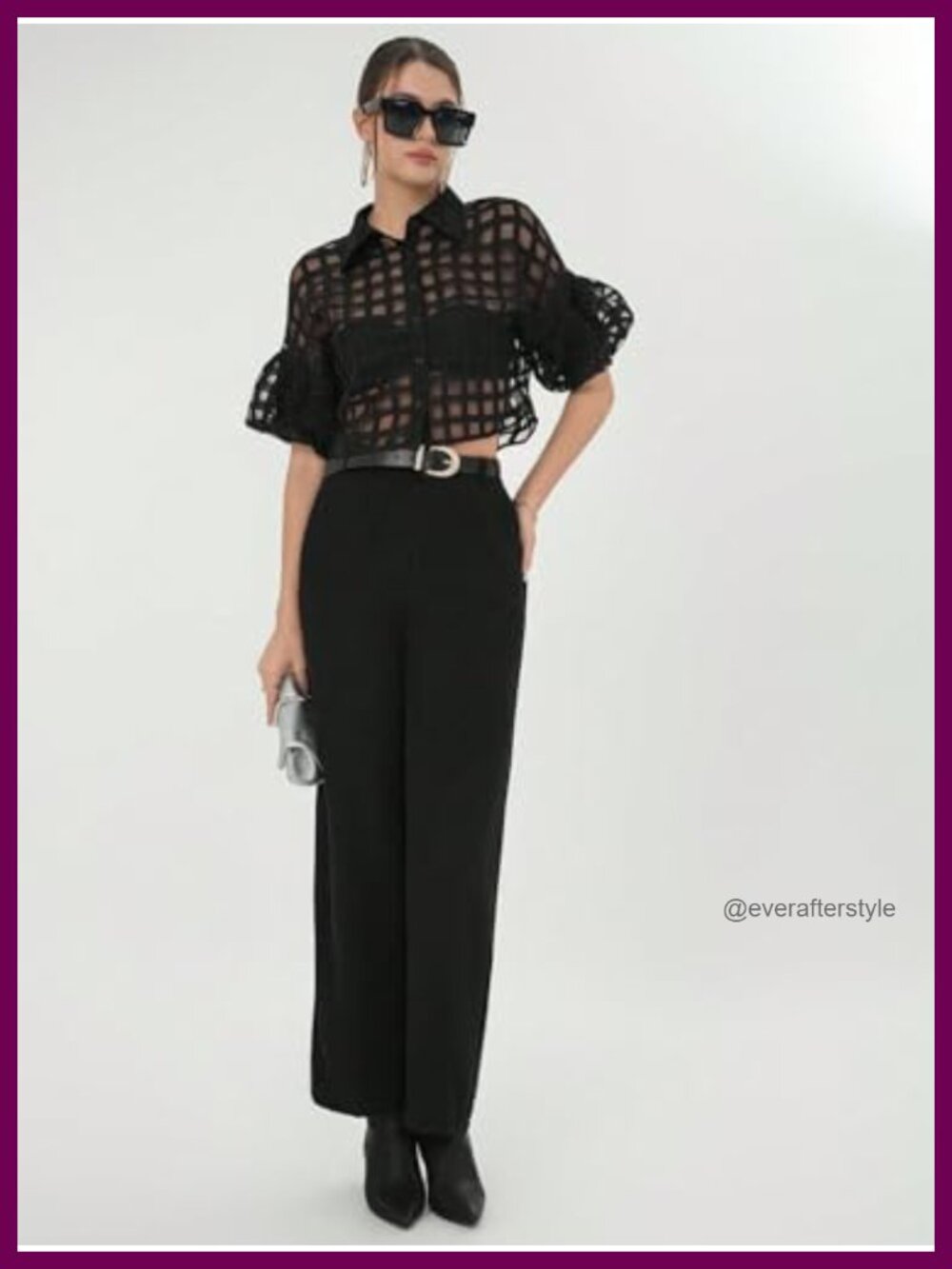 Sheer Mesh Plaid Button Down Crop Top Puff Sleeve Blouse - Picture 3 of 4